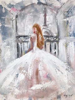 "Parisian Mornings" Figure in Chanel Haute Couture Gown Oil on Paper Painting