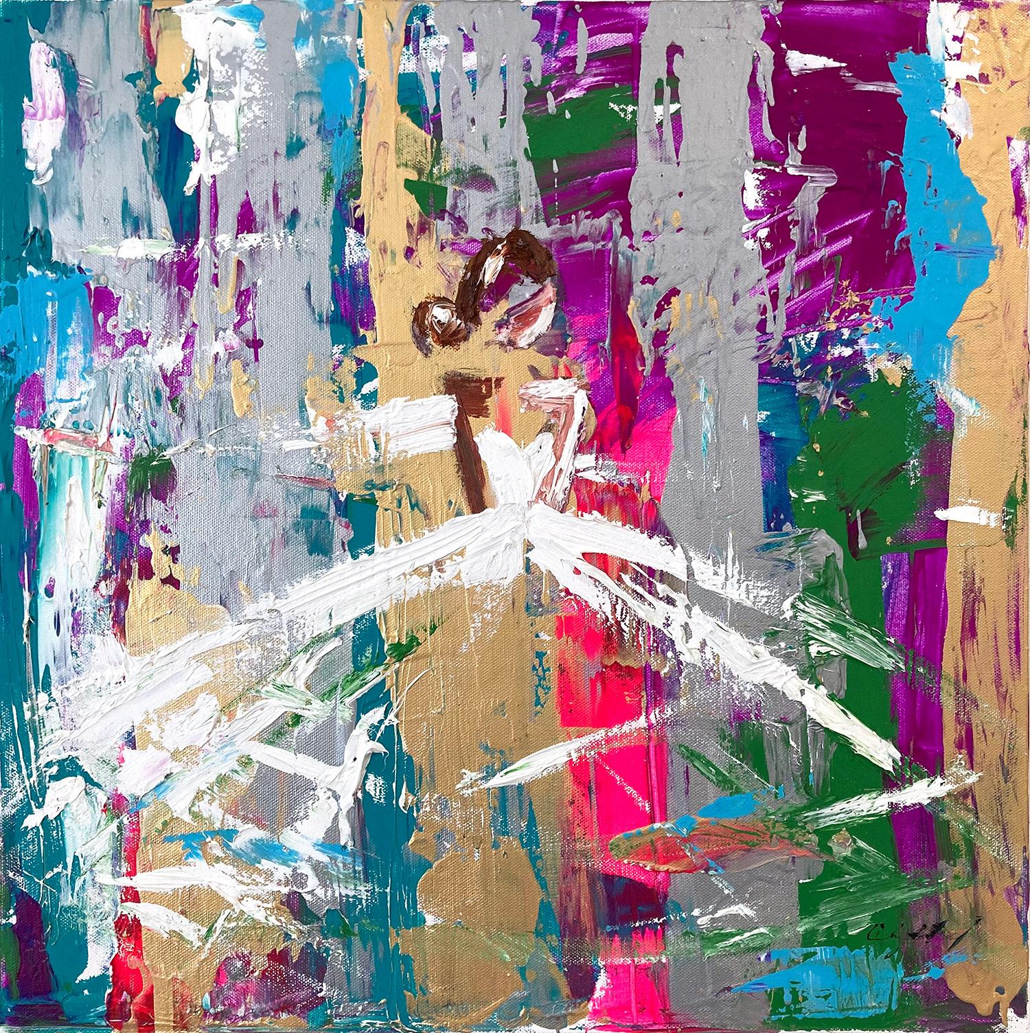 Abstract Painting de Cindy Shaoul - "Noche parisina" Abstracto en Figura Vestido Chanel Alta Costura Pintura sobre Lienzo