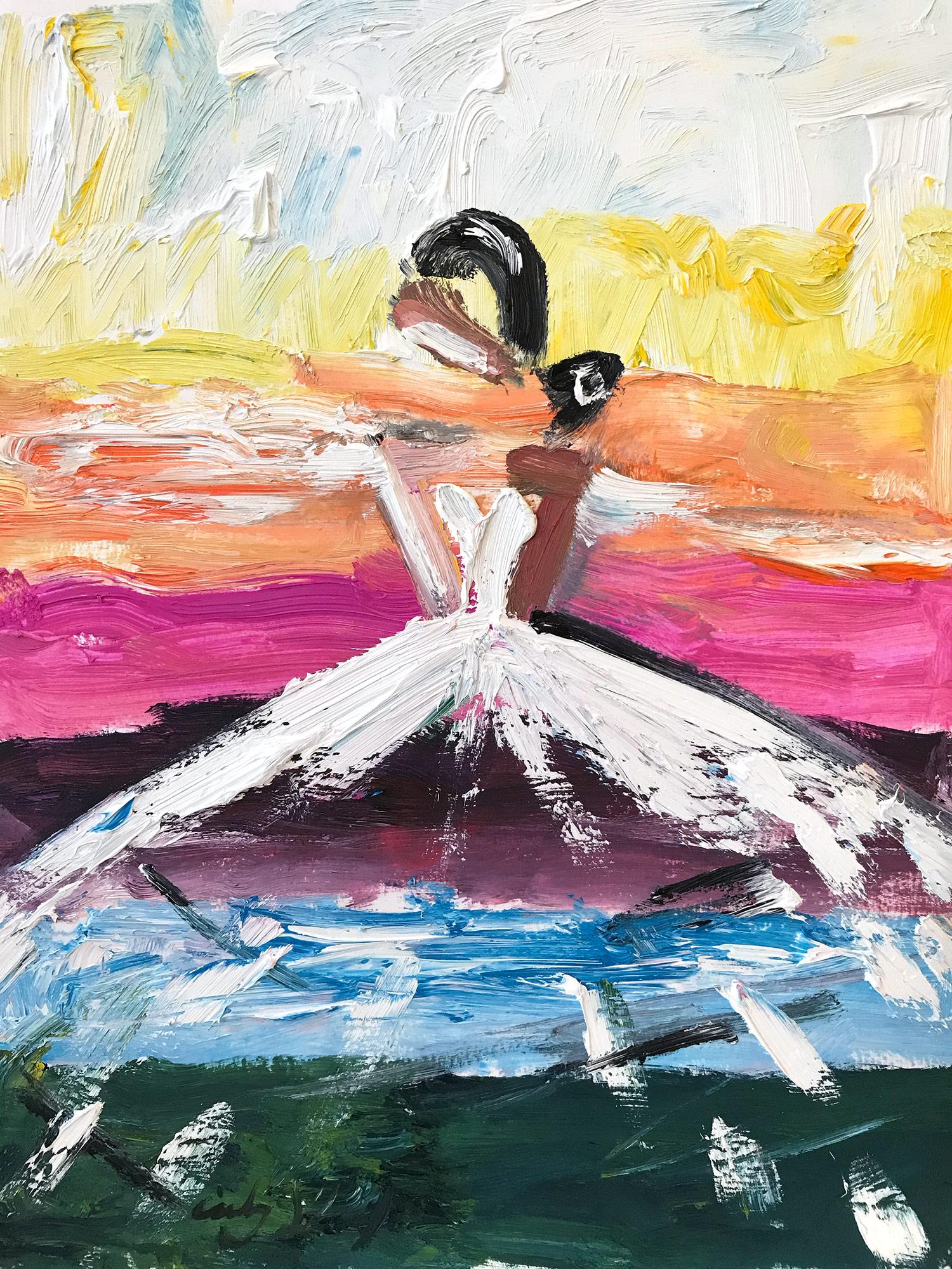 Peinture à l'huile sur papier "Parisian Sunset" Figure en robe Chanel Haute Couture