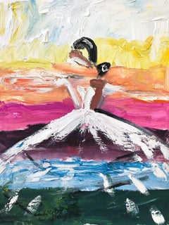 "Parisian Sunset" Figure in Chanel Gown Haute Couture Oil Painting on Paper