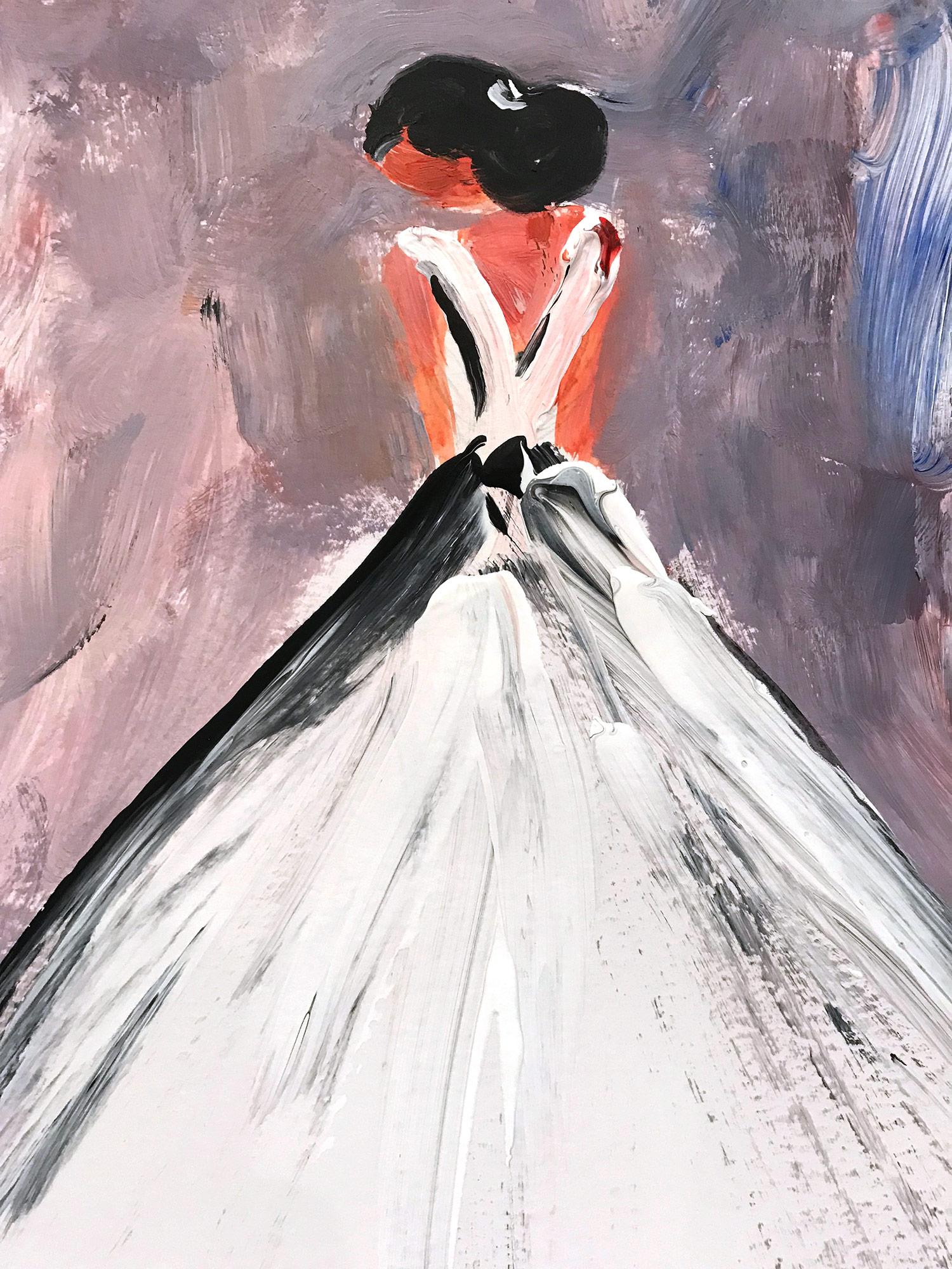 A very whimsical depiction of a woman standing gracefully in a white gown against a pink and purple background. This piece captures the essence of fashion in Pairs. Done in a very modern and impressionistic style, the colors are bright yet subtle.