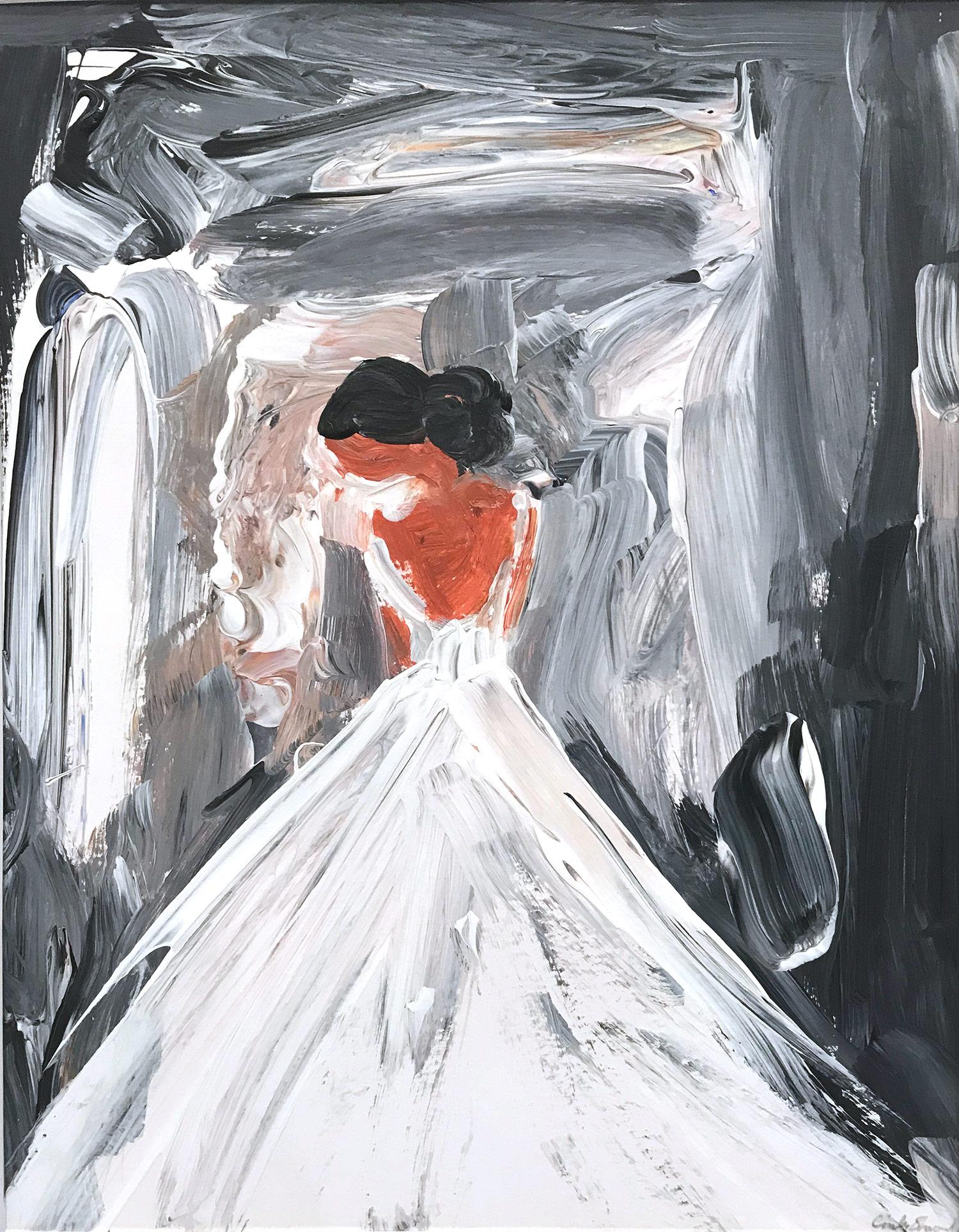 Cindy Shaoul Abstract Painting - "Penelope" Abstract Haute Couture Figure on Paper Wearing Chanel Gown