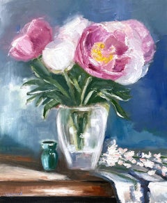 "Peonies in a Vase" Impressionistic Colorful Contemporary Oil Canvas Painting 