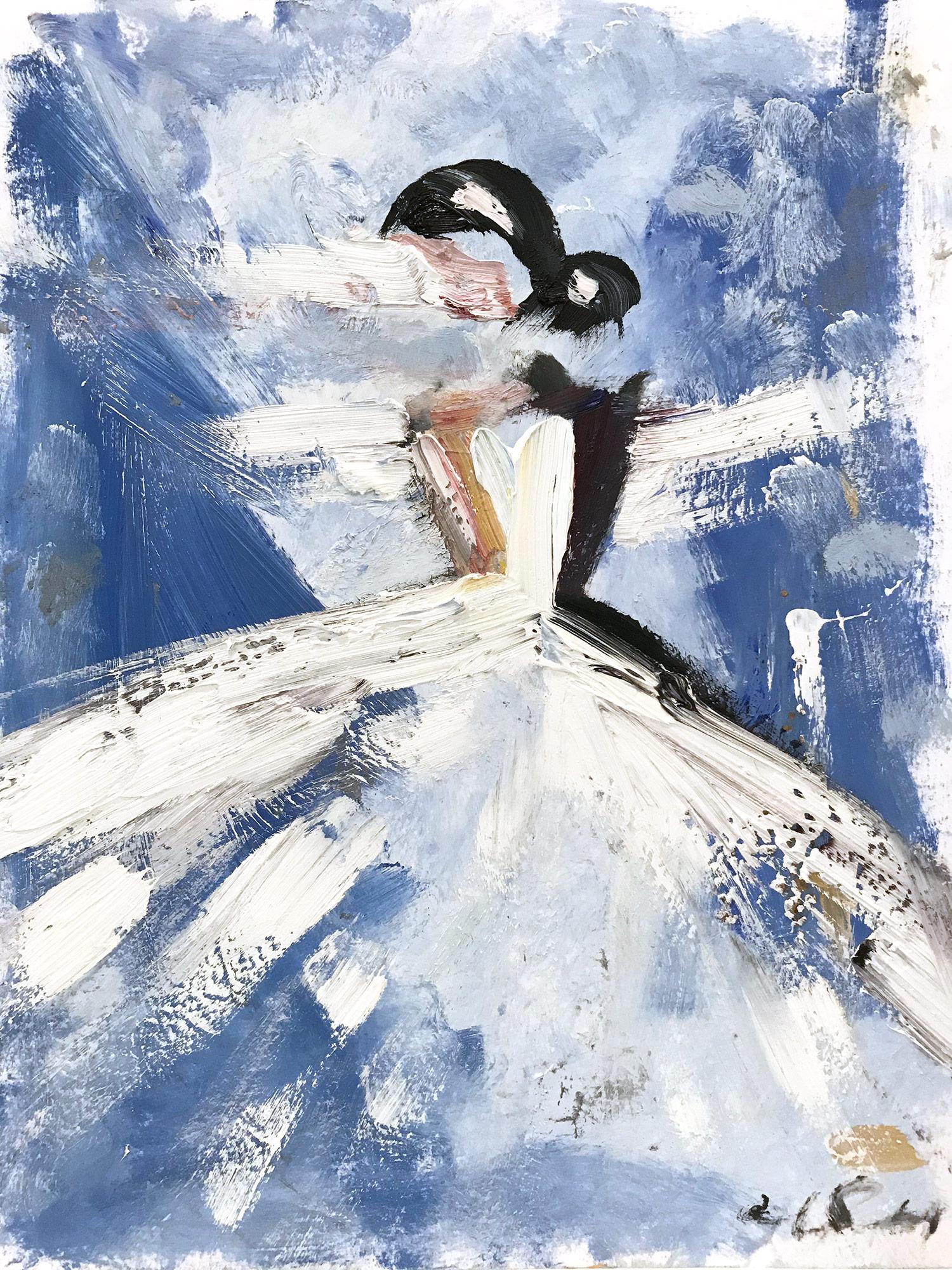 Peinture à l'huile sur papier « Periwinkle Morning » - Figure dans une robe de Chanel haute couture