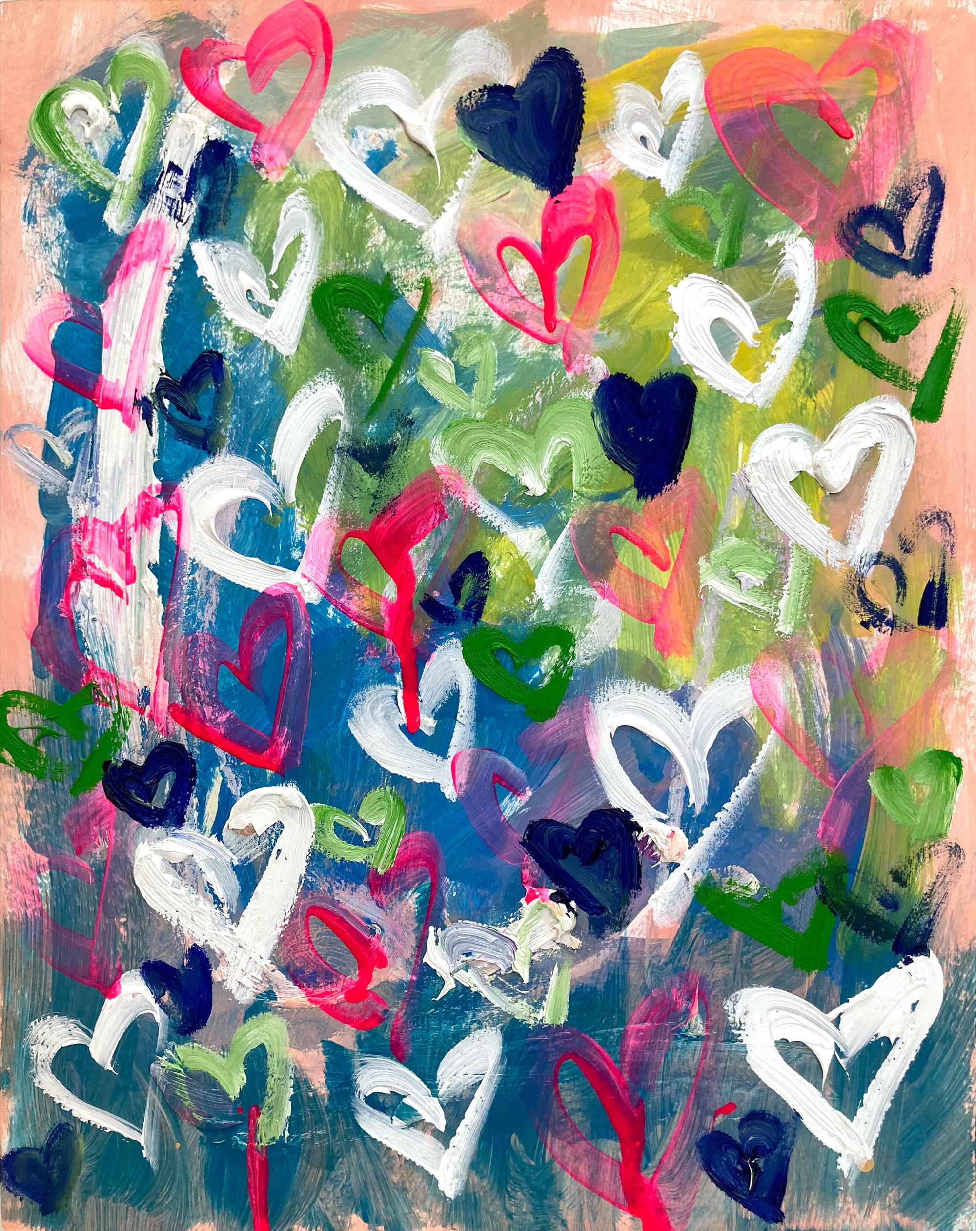 Cindy Shaoul Abstract Painting – Abstraktes Gemälde auf Papier, „Pick A Kiss“, Rosa & Grün, farbenfrohes Pop-Art-Herzen