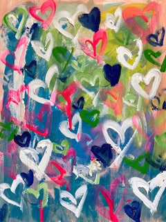 "Escoge un beso" Pintura abstracta sobre papel de corazones pop art de colores rosa y verde