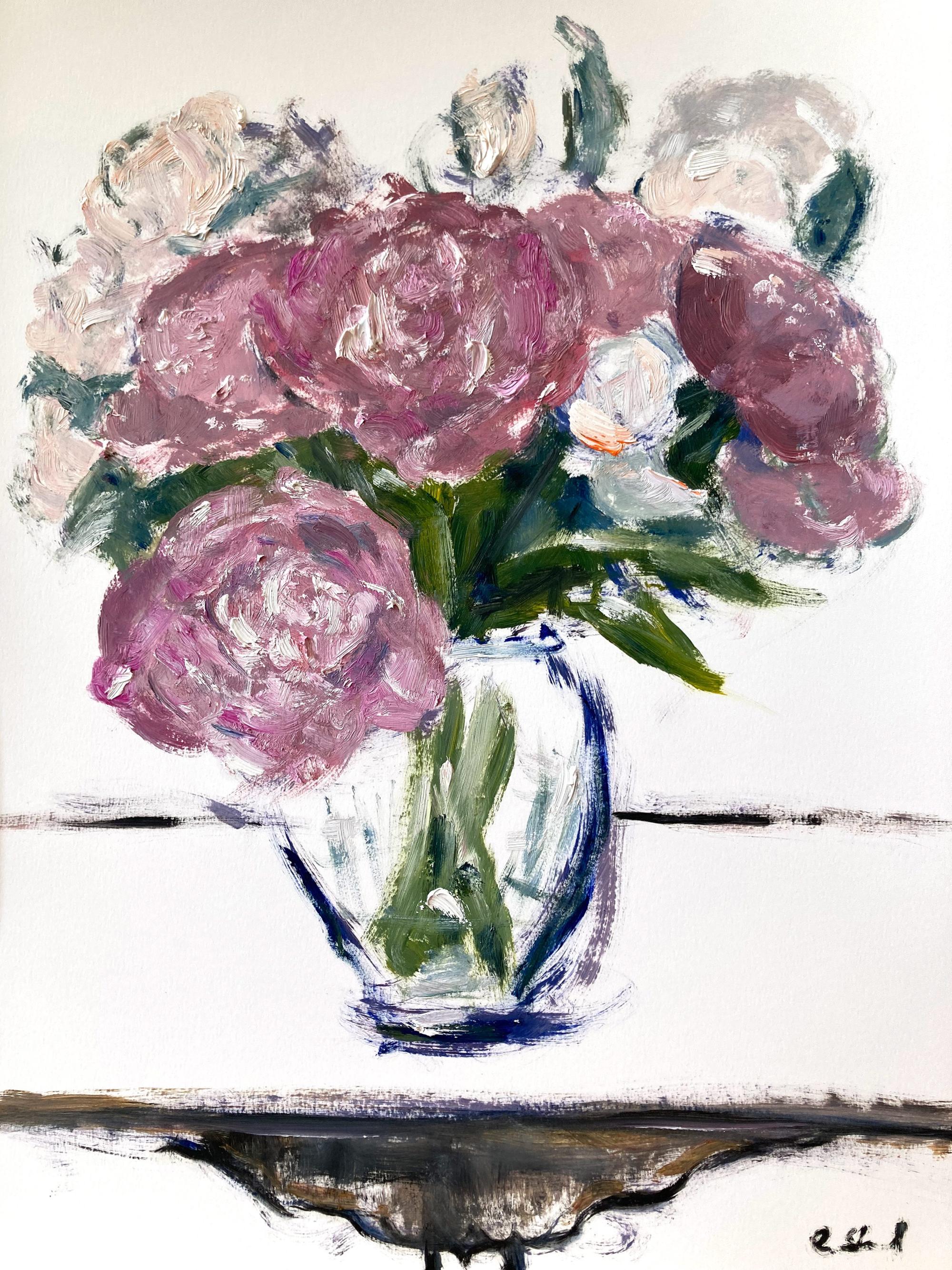 „Picks in Paris“ – Impressionistisches Blumenstillleben mit rosa Pfingstrosen, Ölgemälde