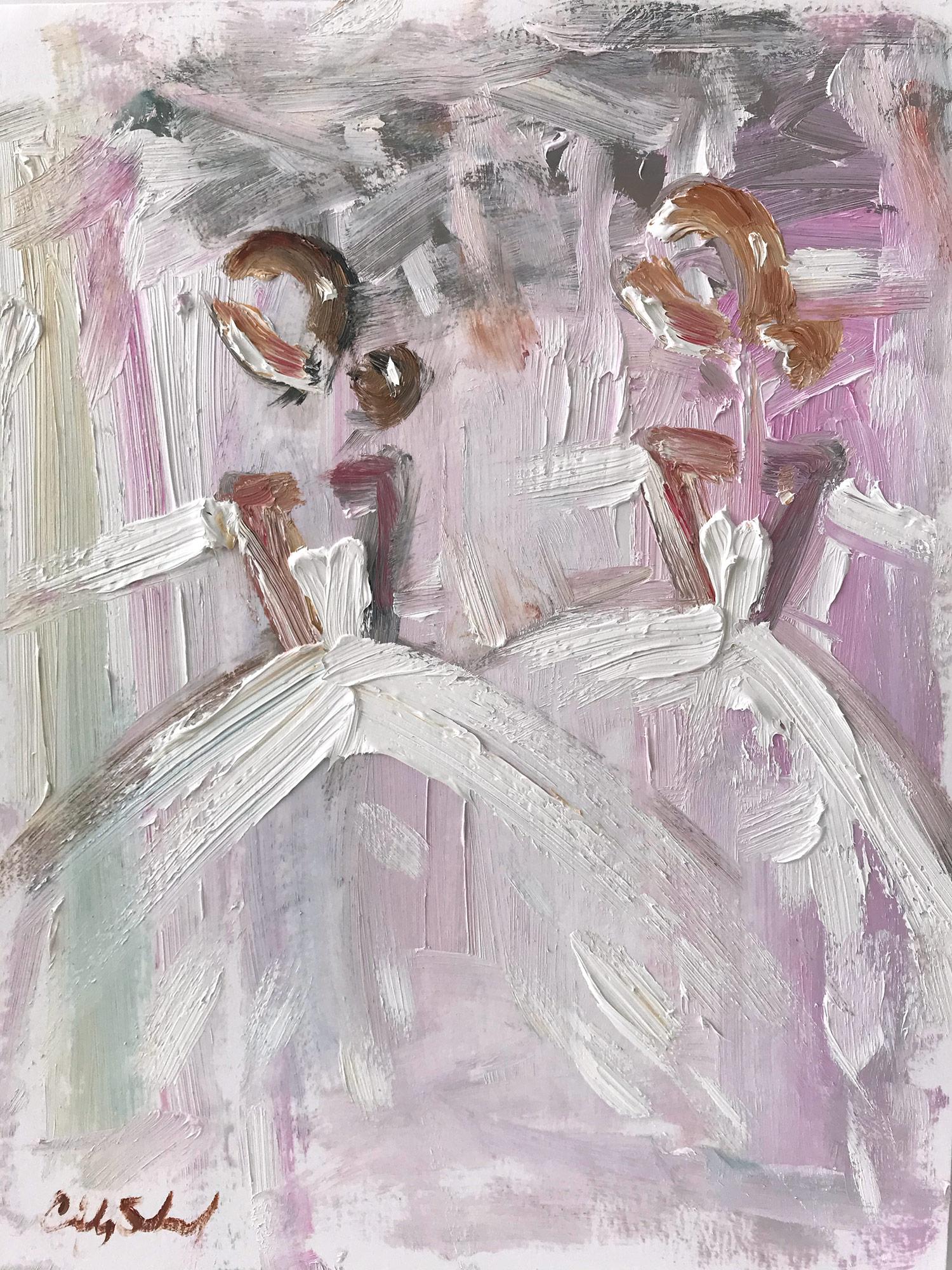 Cindy Shaoul Abstract Painting - "Pink Ballerinas" Figures in Chanel Gown Haute Couture Oil Painting on Paper