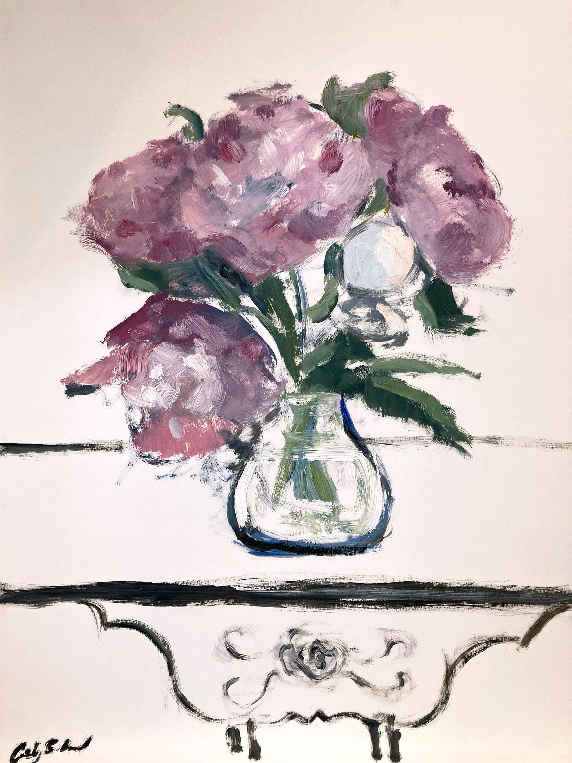 Still-Life Painting de Cindy Shaoul - «Peonías rosas en París»: bodegón floral impresionista, óleo sobre papel grueso