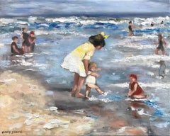 "Playing at the Beach" Impressionistic Beach Scene Oil Painting on Canvas