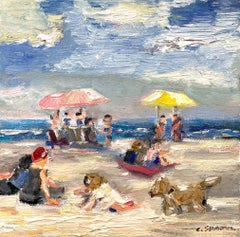 „Spielen am Strand“ – Impressionistische Strandszene, Ölgemälde auf Leinwand