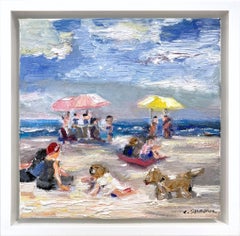„Spielen am Strand“ – Impressionistische Strandszene, Ölgemälde auf Leinwand
