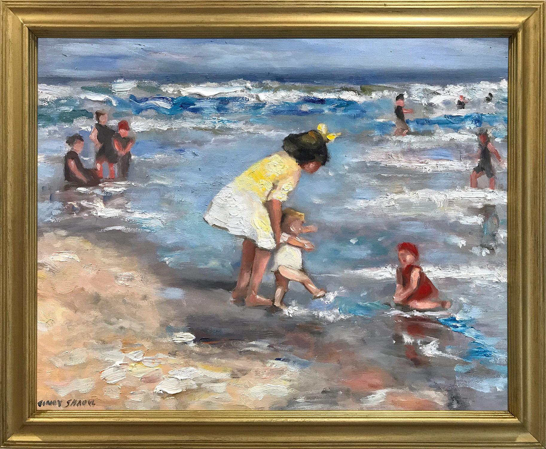 Cindy Shaoul Figurative Painting - "Playing at the Beach" Impressionistic Beach Scene Oil Painting on Canvas