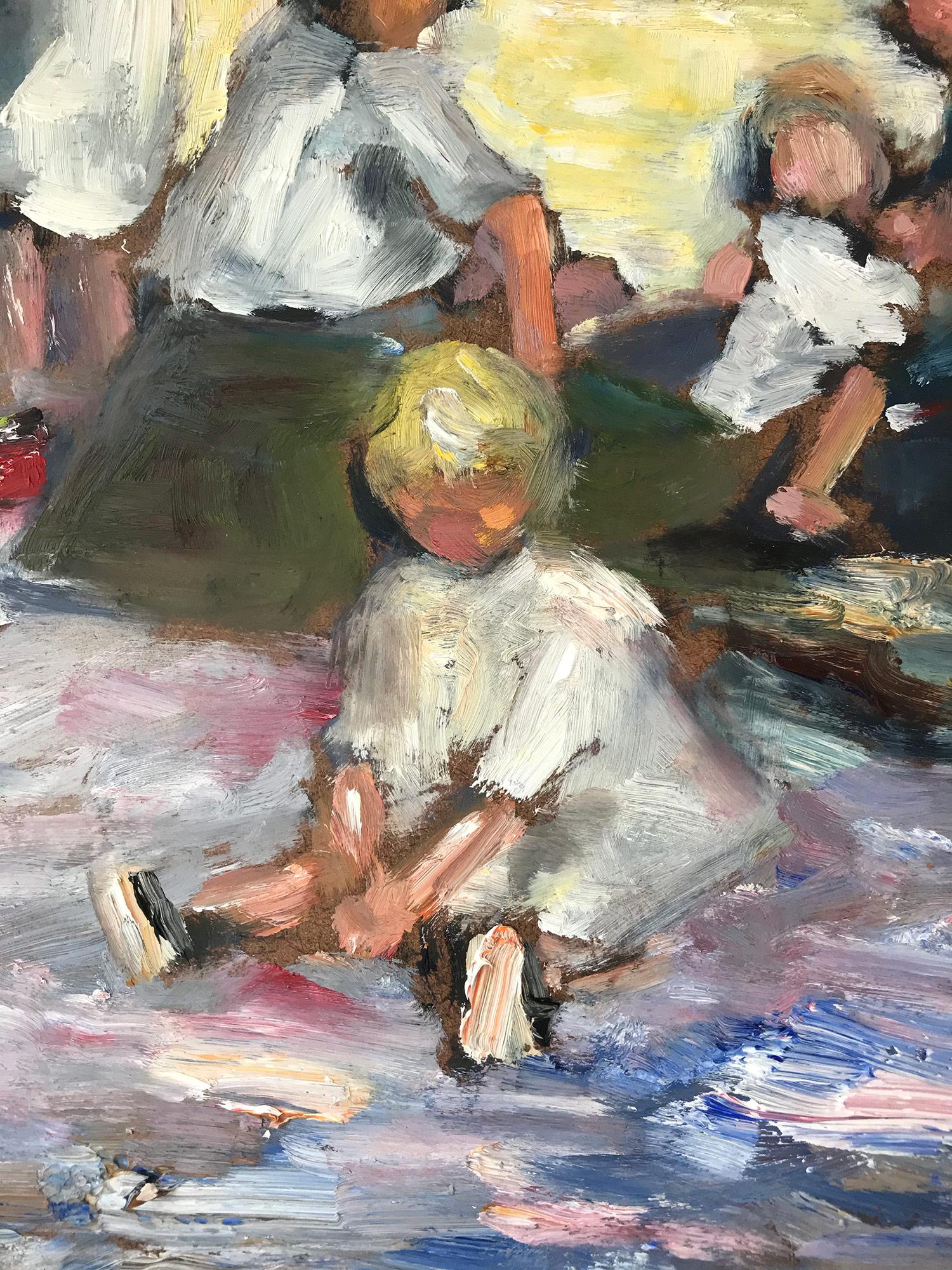 Impressionistisches Strandszene-Ölgemälde auf Tafel, „ „Spiel am Strand“ – Painting von Cindy Shaoul