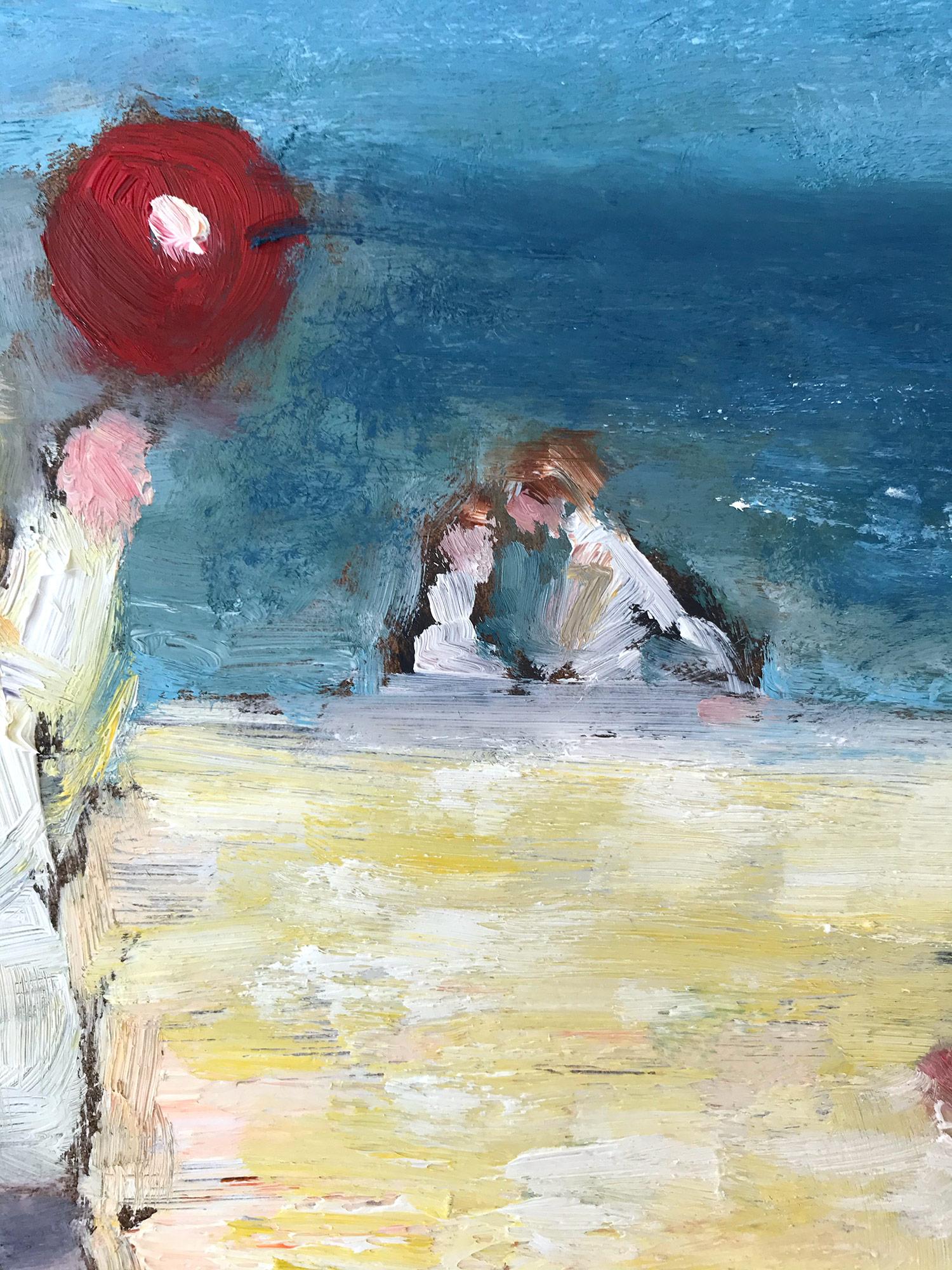Impressionistisches Strandszene-Ölgemälde auf Tafel, „ „Spiel am Strand“ im Angebot 3