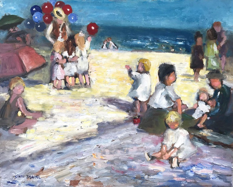 Cindy Shaoul Figurative Painting - "Playing at the Beach" Impressionistic Beach Scene Oil Painting on Panel
