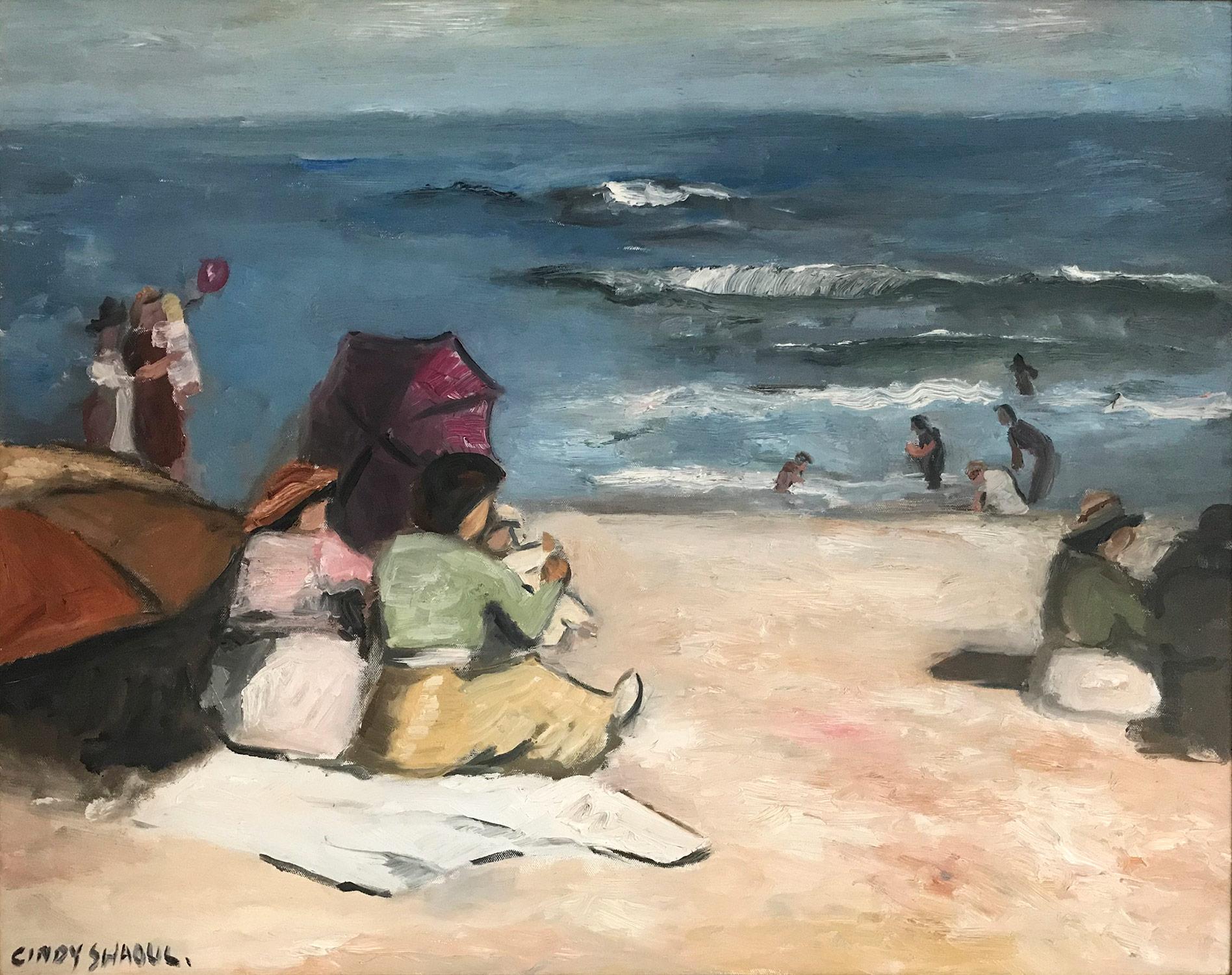 Peinture à l'huile impressionniste « Playing at the Beach » d'après Edward Henry Potthast - Painting de Cindy Shaoul
