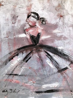 "Prada in Paris" Black & Silver French Haute Couture Gown Oil Painting on Paper