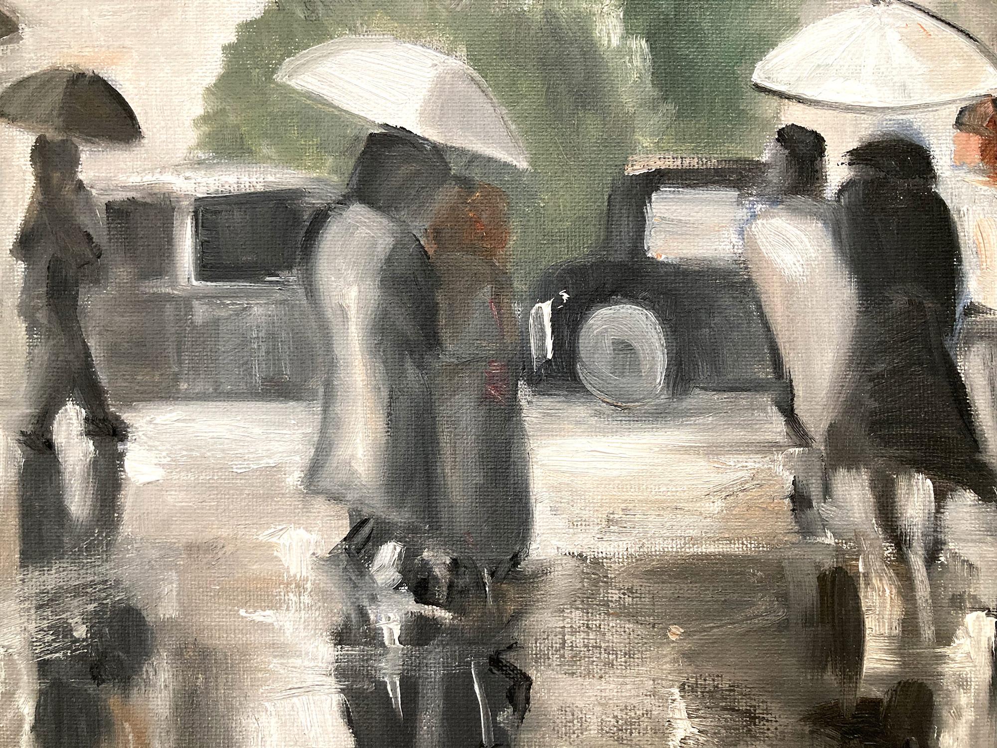 An impressionistic depiction of people walking about near the Metropolitan Museum on a rainy day. A man walks quickly holding a briefcase, a group of woman huddled together under one umbrella; this painting goes back in time as the artist captures