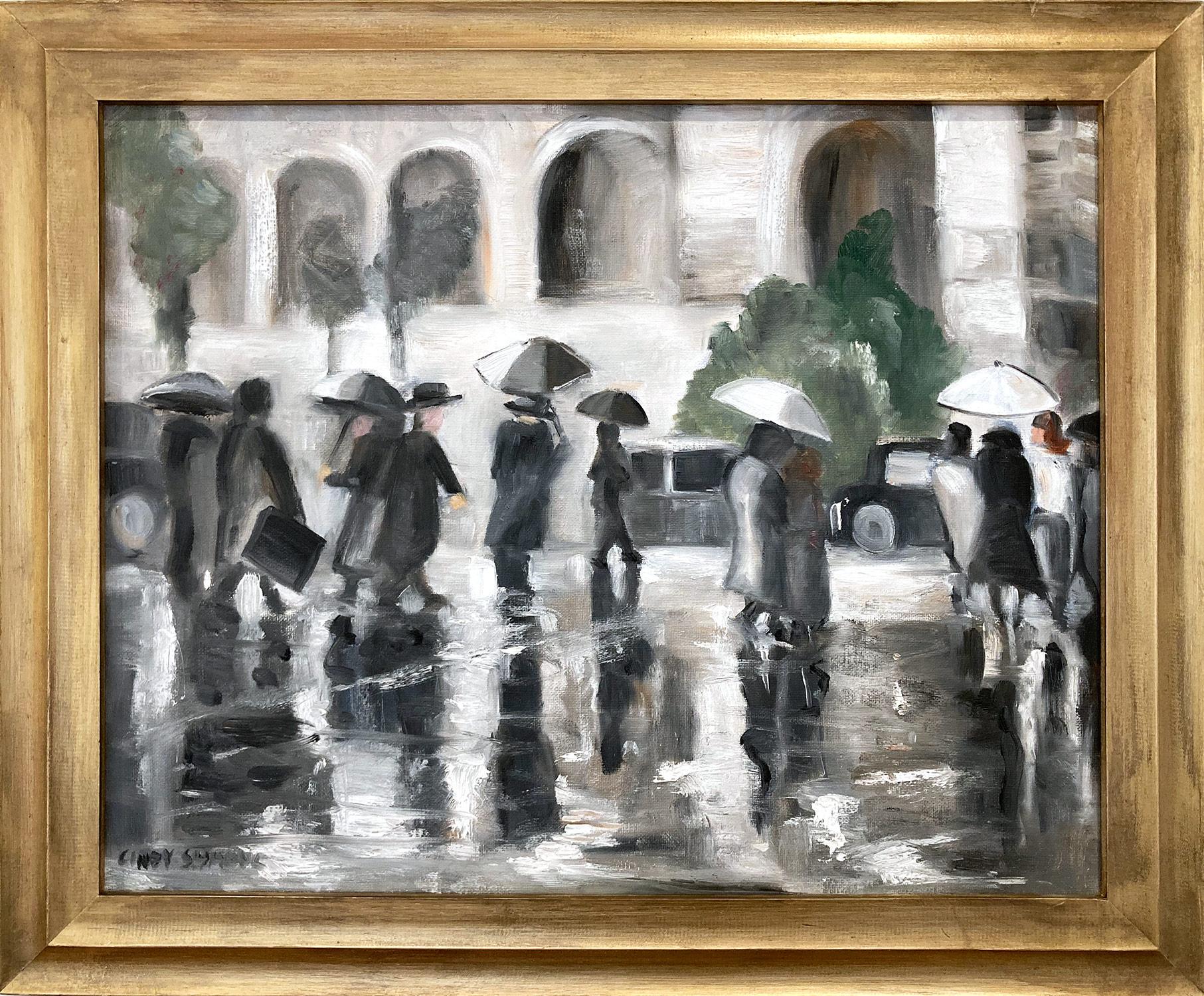 Cindy Shaoul Figurative Painting - "Rain by the Met" Impressionistic Ashcan School New York City Scene 