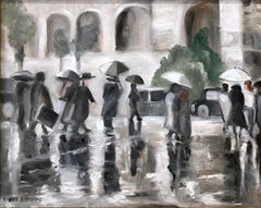 "Día lluvioso junto al Met" Pintura al óleo impresionista sobre lienzo de una escena callejera de Nueva York
