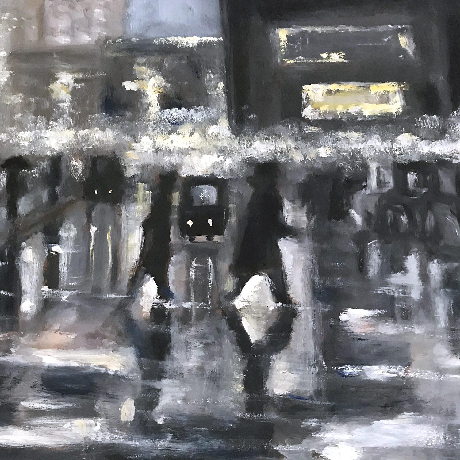 « Rain in Downtown New York » - Scène de rue impressionniste de style Ashcan School en vente 8