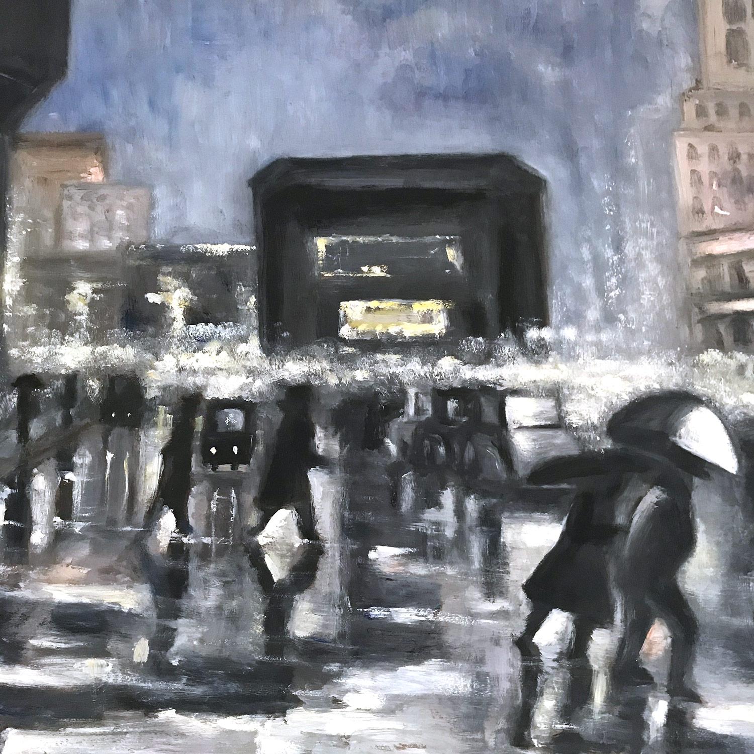 « Rain in Downtown New York » - Scène de rue impressionniste de style Ashcan School en vente 9
