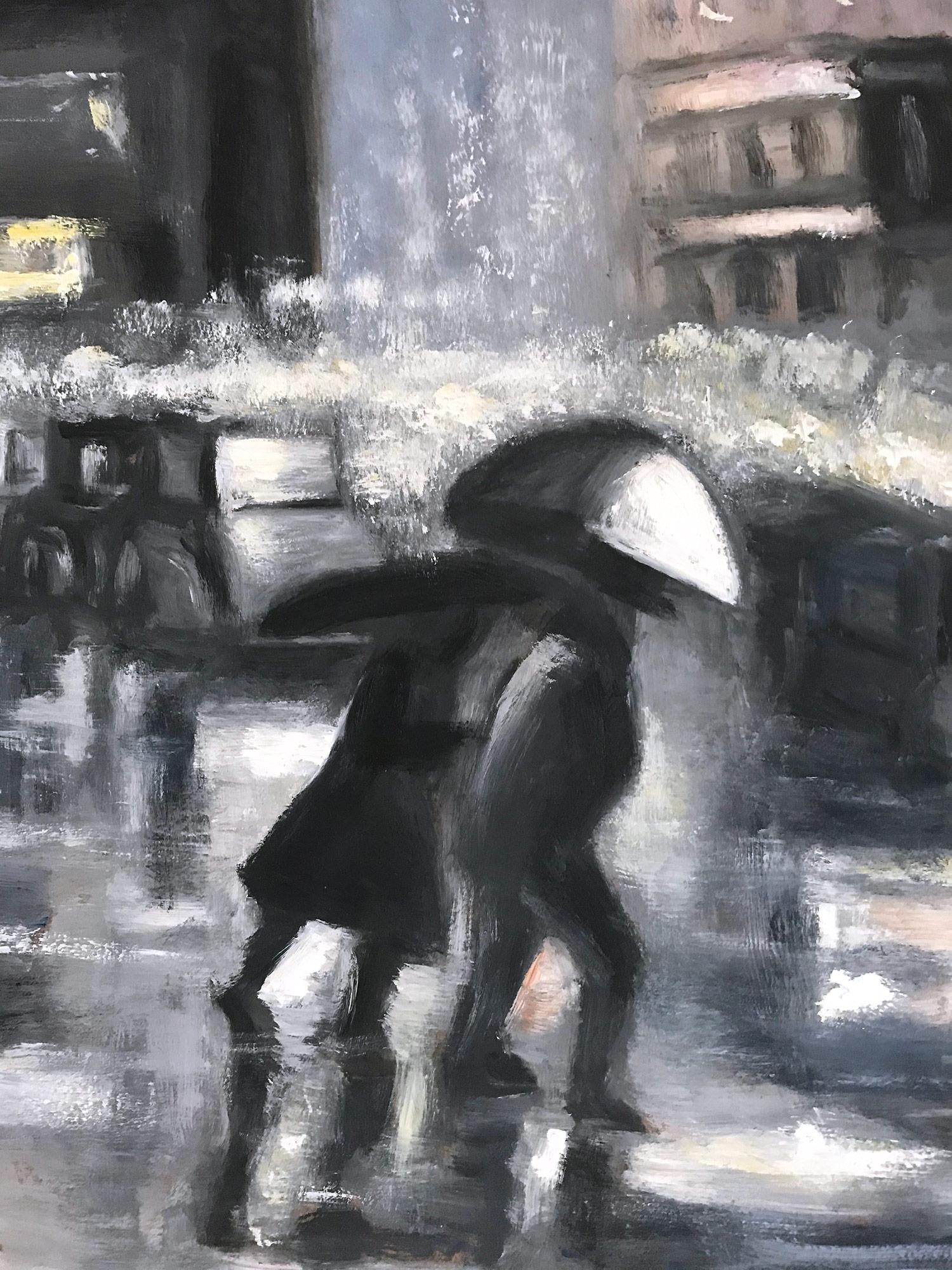 « Rain in Downtown New York » - Scène de rue impressionniste de style Ashcan School - Painting de Cindy Shaoul