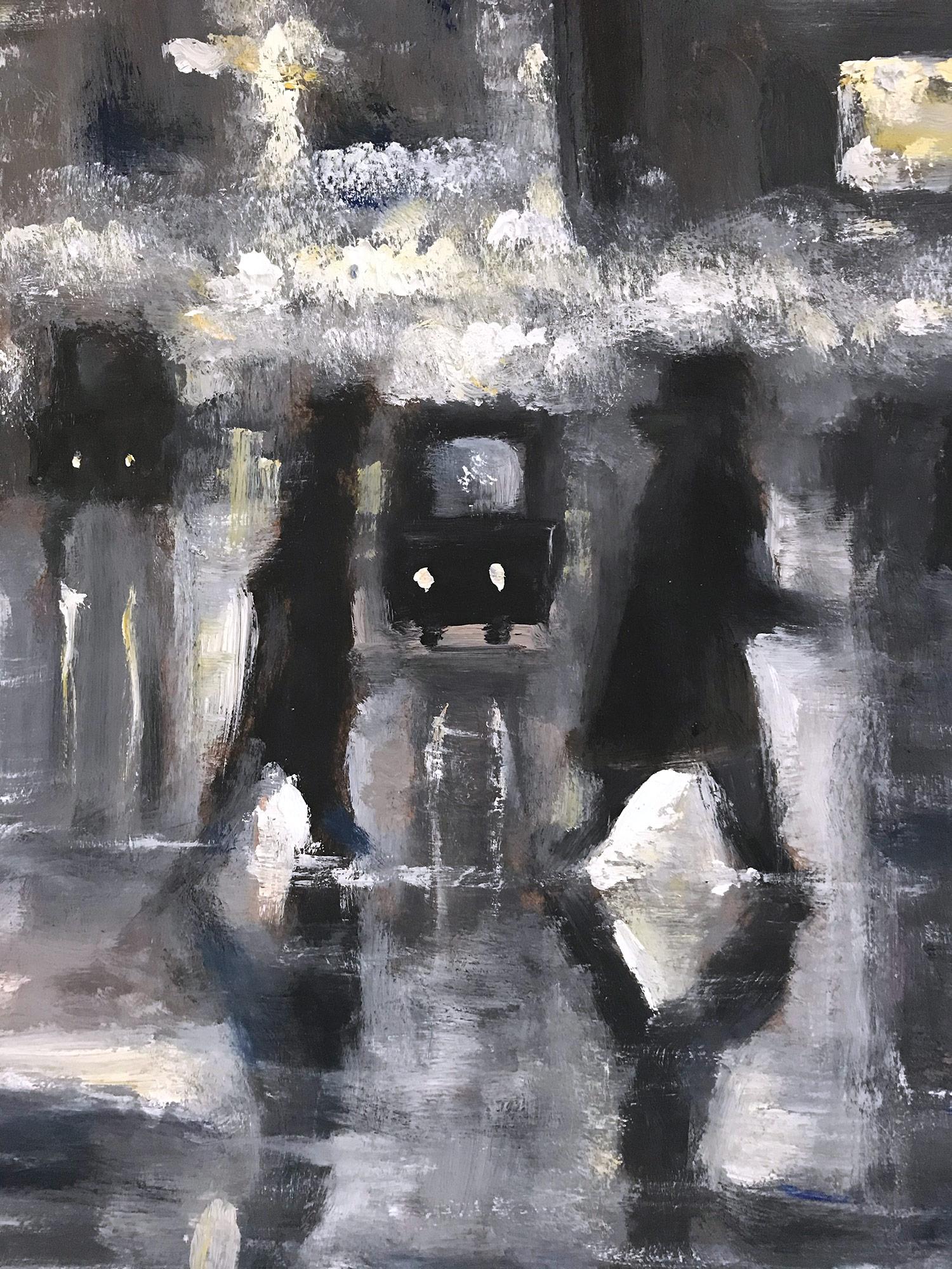 « Rain in Downtown New York » - Scène de rue impressionniste de style Ashcan School - Impressionnisme Painting par Cindy Shaoul