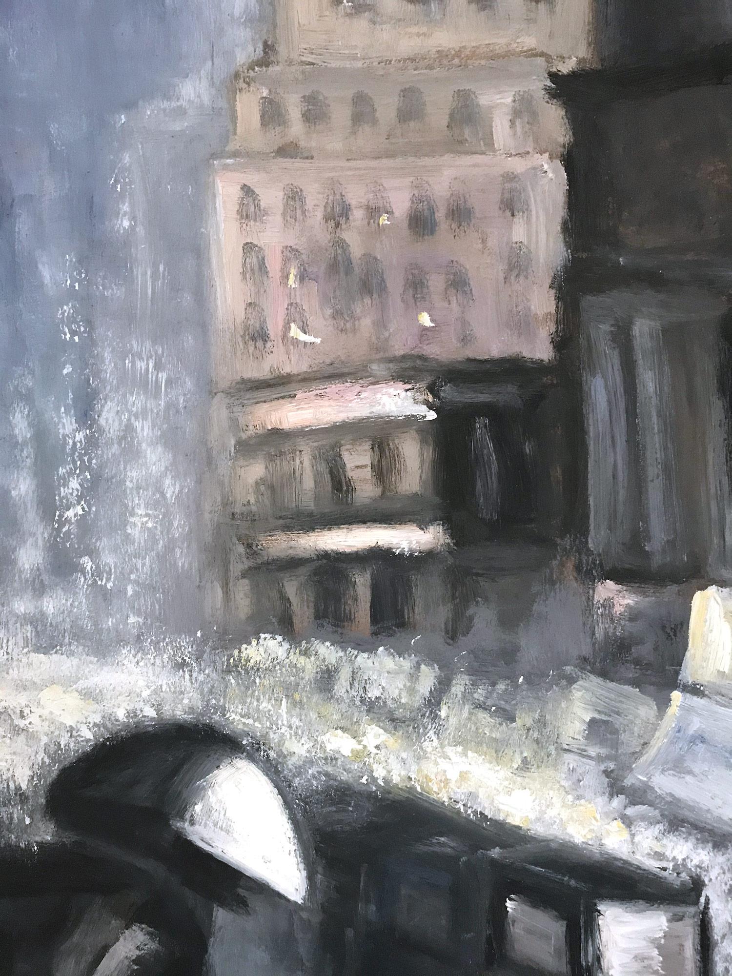 Dieses Gemälde zeigt eine impressionistische Szene von New York an einem regnerischen Tag in Downtown Manhattan mit schönen Pinselstrichen und skurrilen Farben. Das Werk ahmt den Stil der Ashcan School nach und fängt Manhattan und die Zeit des