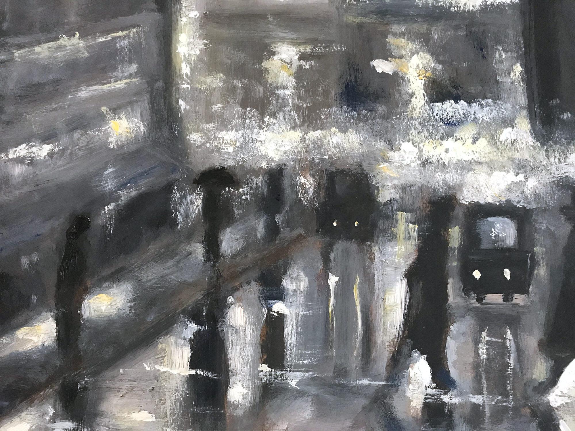 This painting depicts an impressionistic scene of New York on a rainy day in Downtown Manhattan with beautiful brushwork and whimsical colors. The work mimics the Ashcan School style capturing Manhattan and times of the early 20th Century. Painted