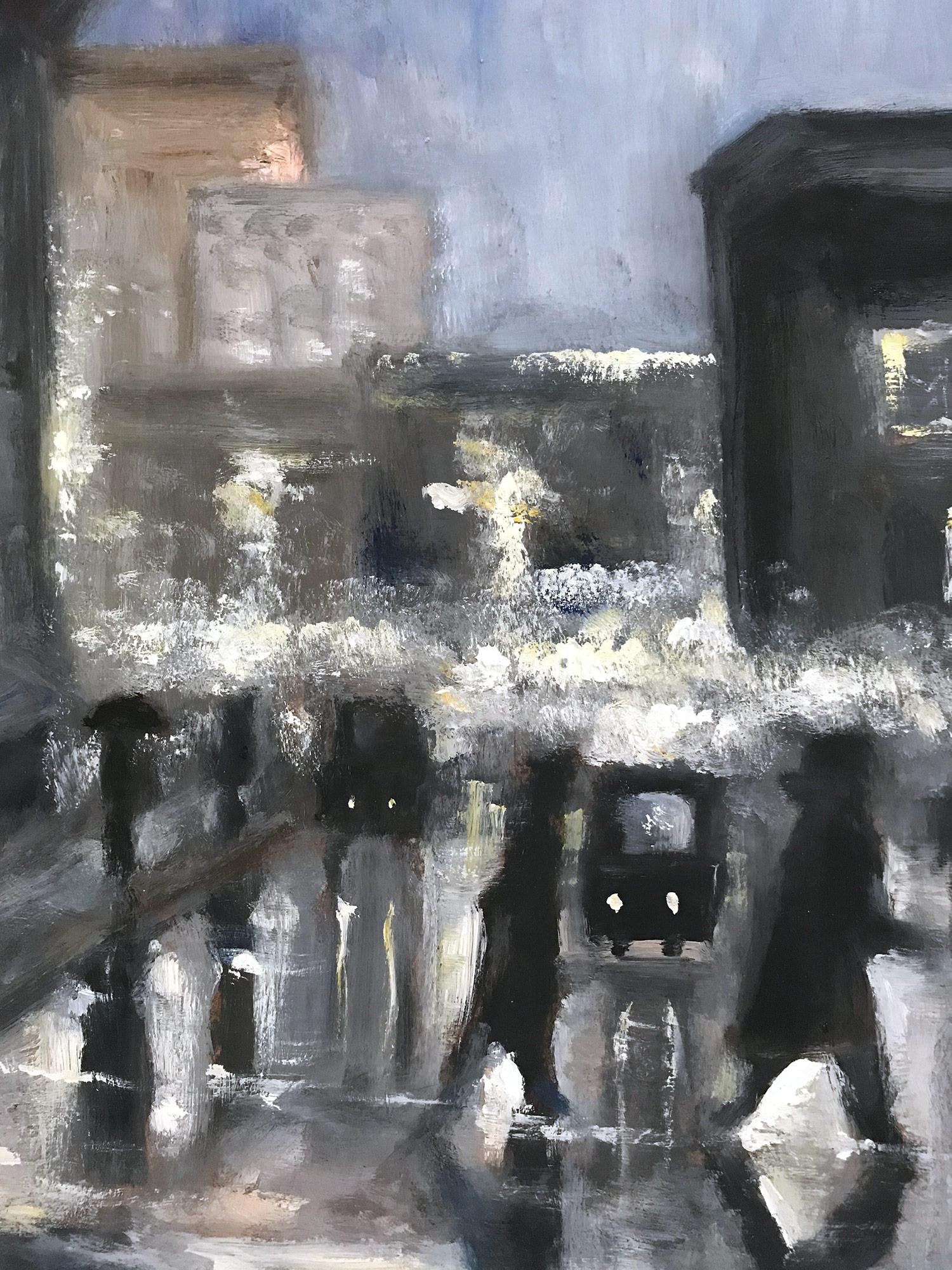 « Rain in Downtown New York » - Scène de rue impressionniste de style Ashcan School en vente 3