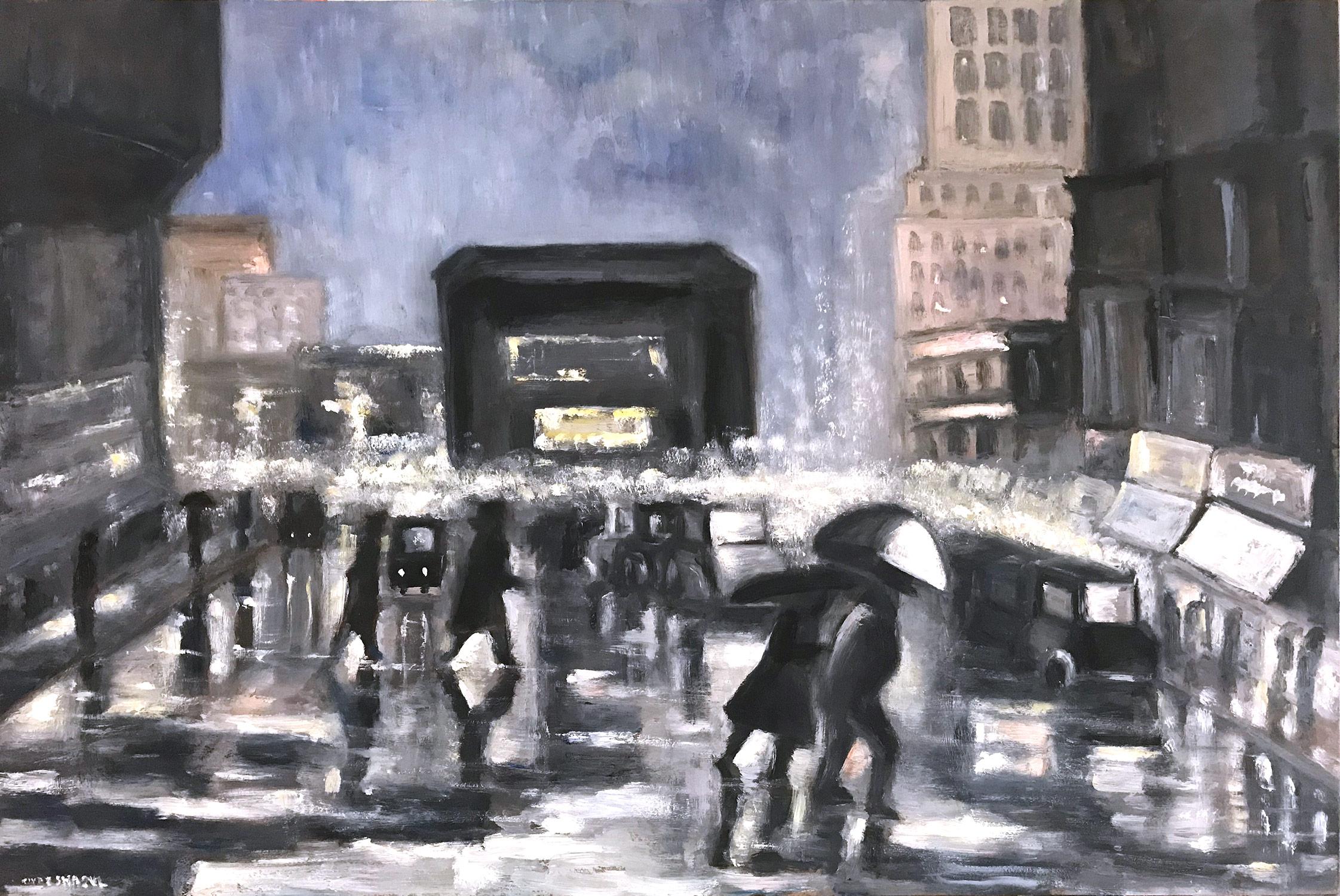 Landscape Painting Cindy Shaoul - « Rain in Downtown New York » - Scène de rue impressionniste de style Ashcan School