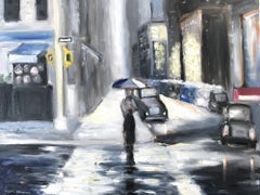 "Rain in Soho" Oil on Canvas Painting, Figure Walking in the Rain by The Dutch