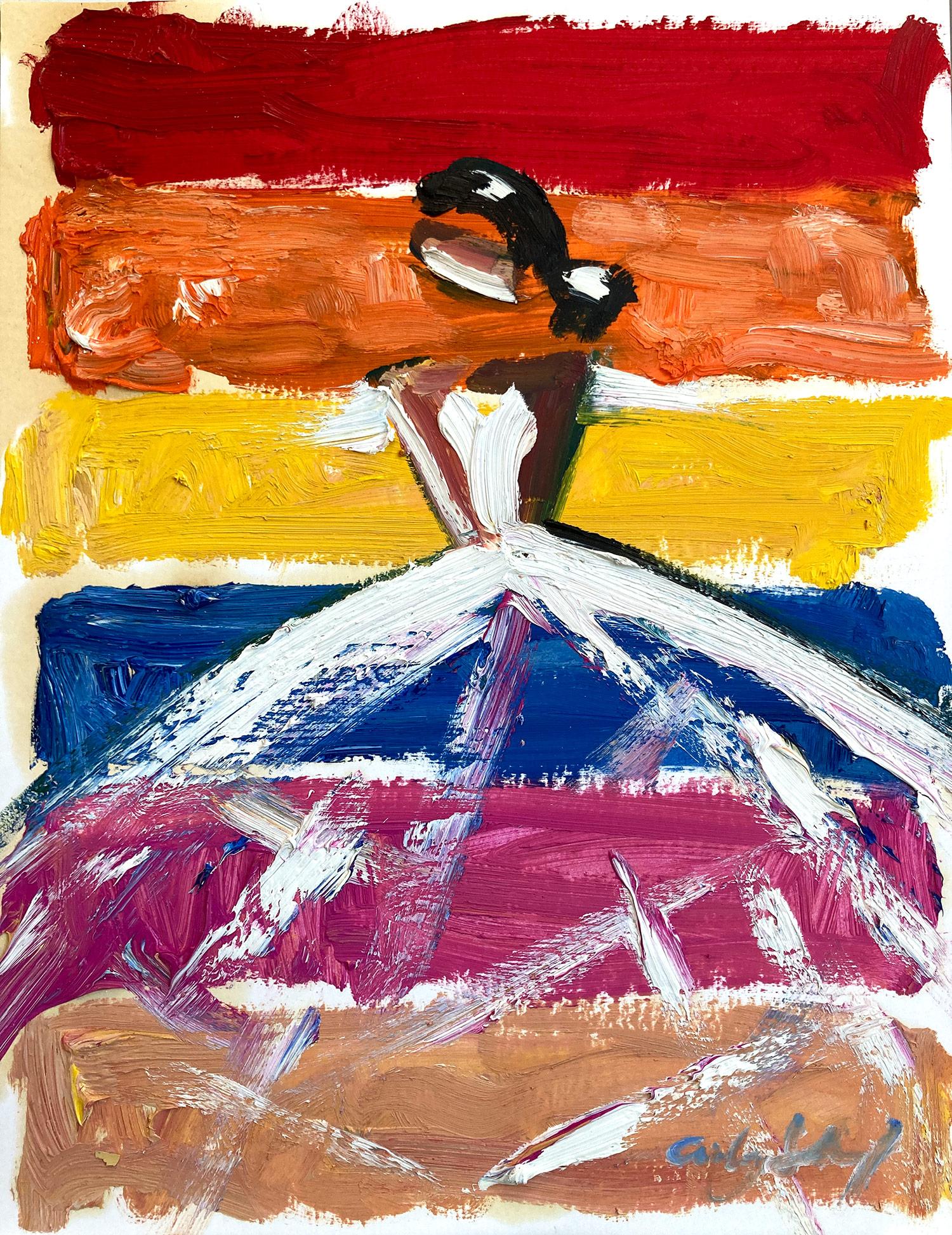 Abstract Painting Cindy Shaoul - "Rainbow in Paris" Figure avec robe haute couture française peinture à l'huile sur papier