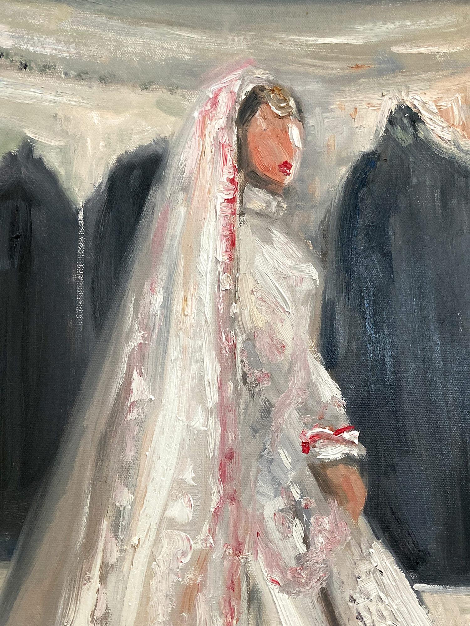 This piece depicts Rashida Merchant, at the Ambani Wedding. She is dressed in an elaborate white gown with pink accents, featuring a long, flowing train and a delicate veil. The bride stands in a graceful pose, set against a backdrop of arched