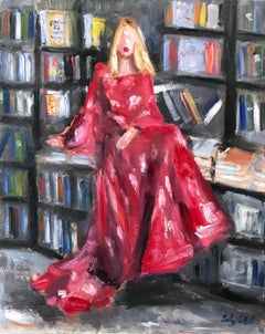 "Reading in Style - Emma Roberts" Figure in Maison Valentino Gown Oil Painting