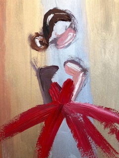 "Red on Silver, Gold and Bronze" Gown Haute Couture Figure Oil Painting on Paper