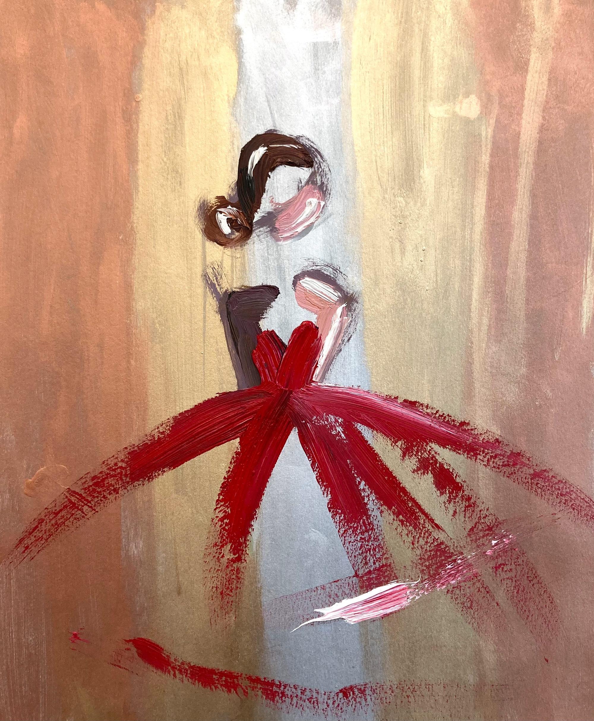 Cindy Shaoul Abstract Painting – "Rot auf Silber, Gold und Bronze" Kleid Haute Couture Figur Ölgemälde auf Papier