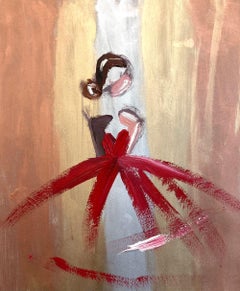 "Red on Silver, Gold and Bronze" Gown Haute Couture Figure Oil Painting on Paper