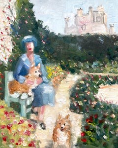 Figur „"Remembering The Queen"" von Königin Elisabeth und ihrem Korgis im Garten