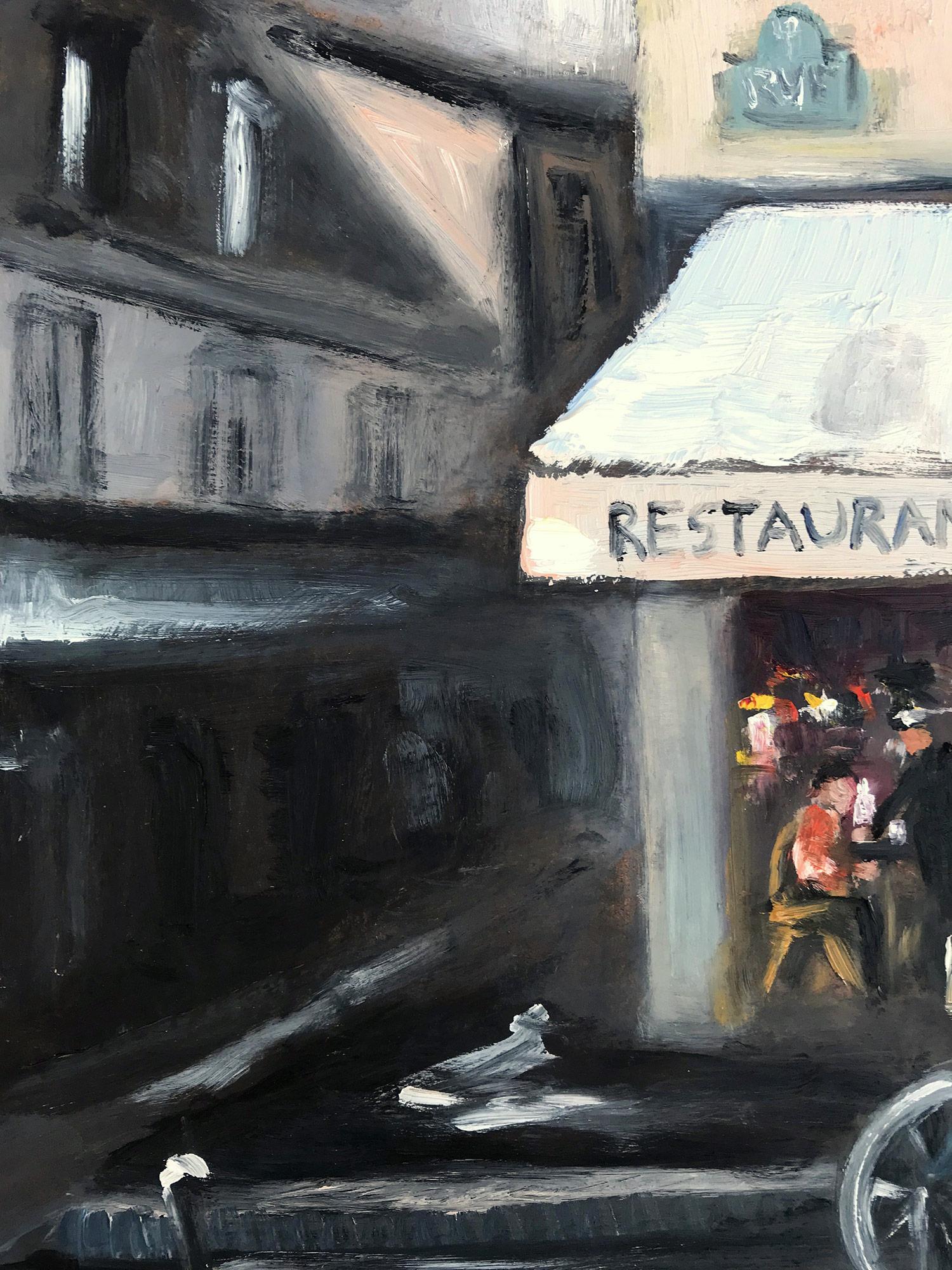 Impressionistische Straßenszene, Ölgemälde auf Tafel, „Restaurant Cafe – Amsterdam“ im Angebot 6