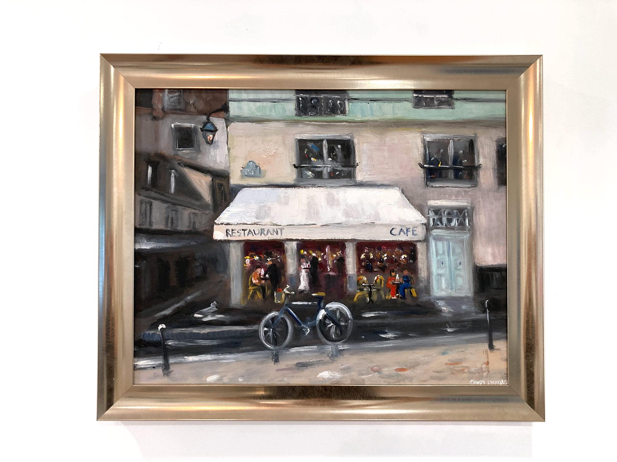 Impressionistische Straßenszene, Ölgemälde auf Tafel, „Restaurant Cafe – Amsterdam“ im Angebot 8