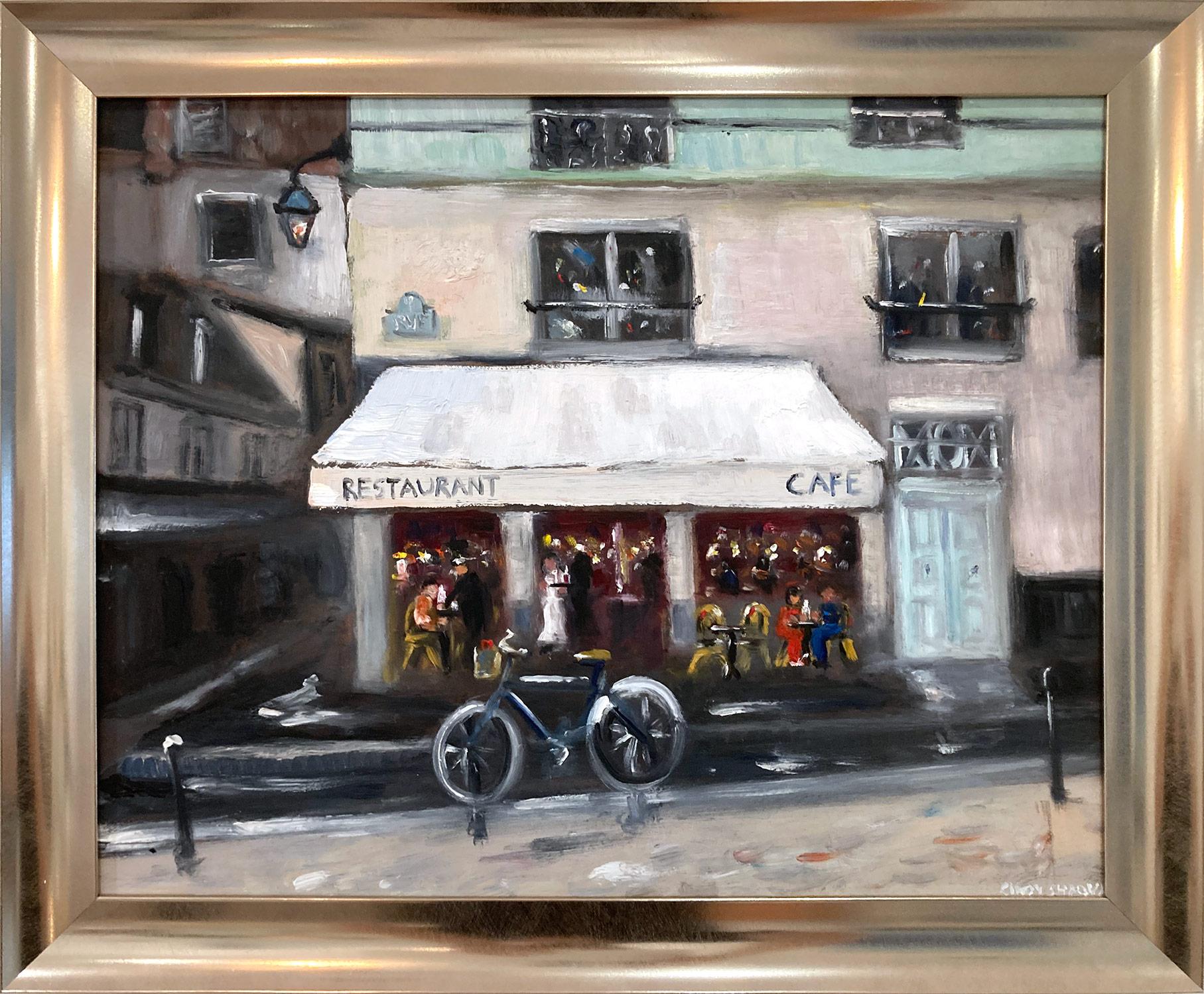 Cindy Shaoul Landscape Painting – Impressionistische Straßenszene, Ölgemälde auf Tafel, „Restaurant Cafe – Amsterdam“