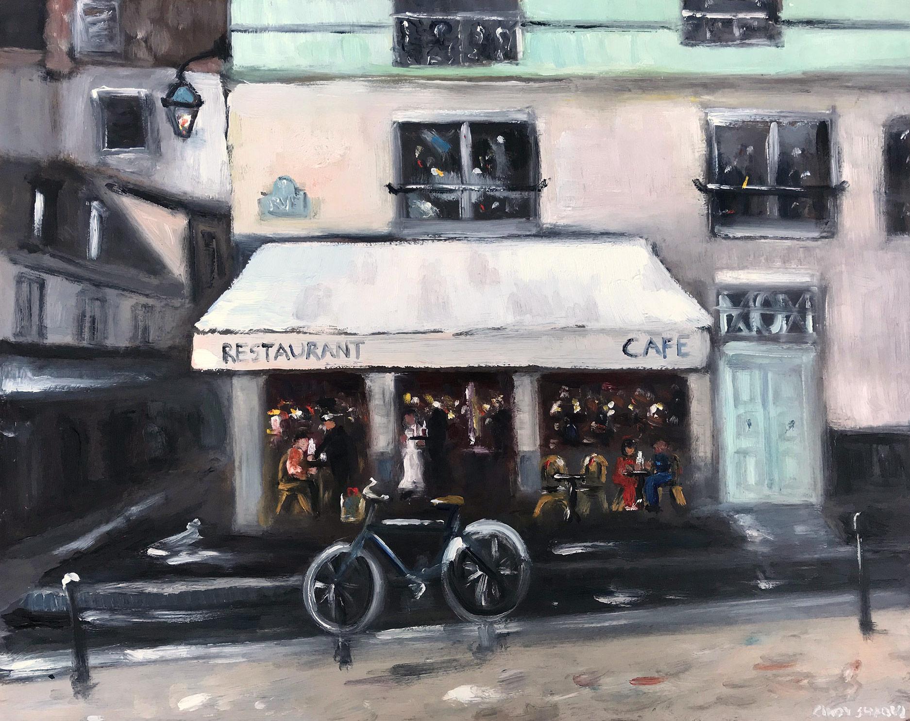 Impressionistische Straßenszene, Ölgemälde auf Tafel, „Restaurant Cafe – Amsterdam“ – Painting von Cindy Shaoul