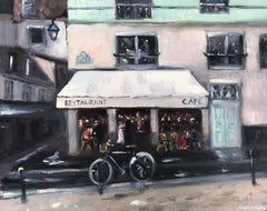 "Restaurant Cafe - Amsterdam" Peinture à l'huile sur panneau - Scène de rue impressionniste