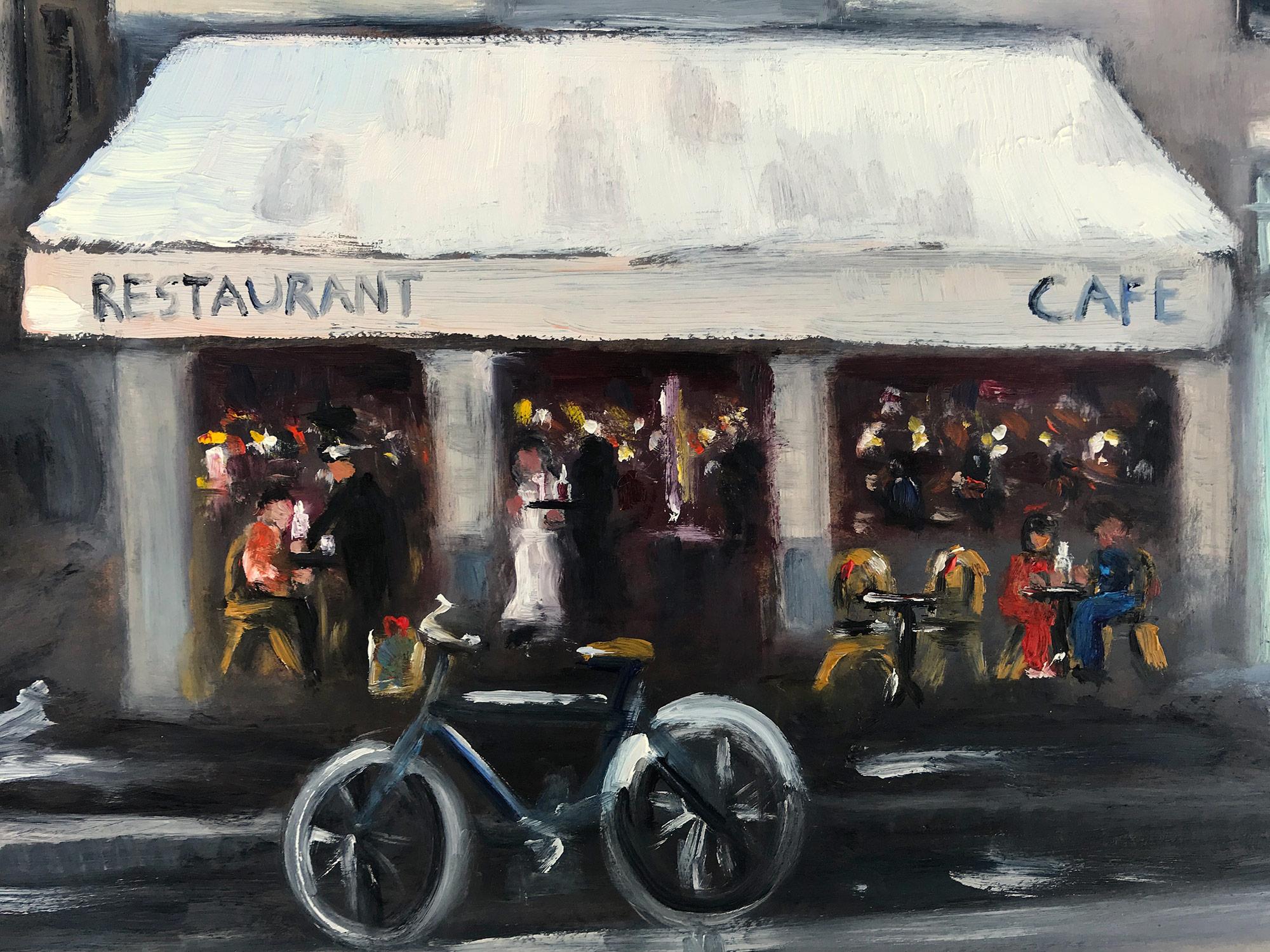 Impressionistische Straßenszene, Ölgemälde auf Tafel, „Restaurant Cafe – Amsterdam“ (Amerikanischer Impressionismus), Painting, von Cindy Shaoul