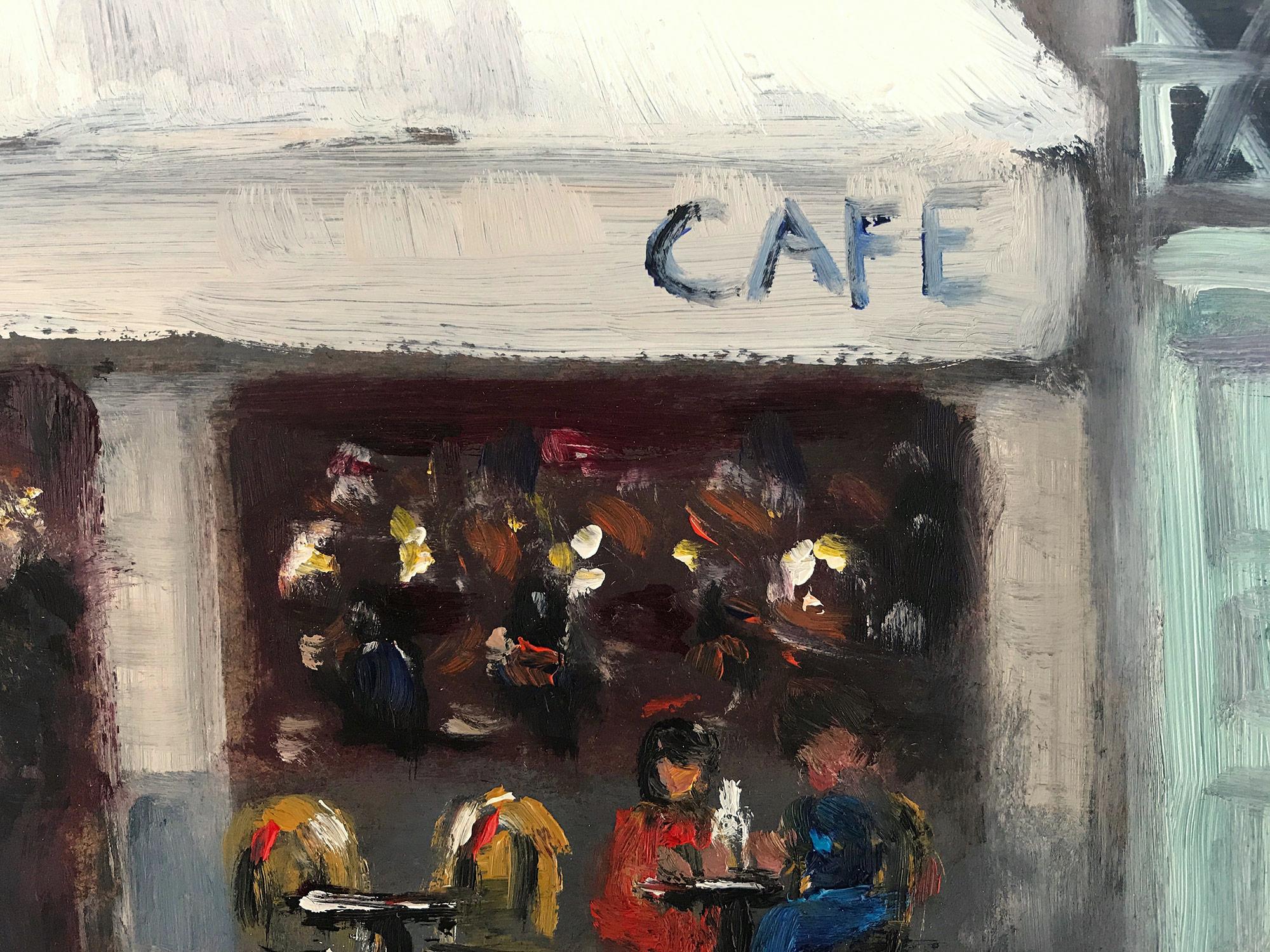 Impressionistische Straßenszene, Ölgemälde auf Tafel, „Restaurant Cafe – Amsterdam“ im Angebot 3