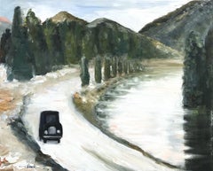 "Paseo a casa alrededor del lago" Pintura al óleo impresionista sobre lienzo Escuela Ashcan