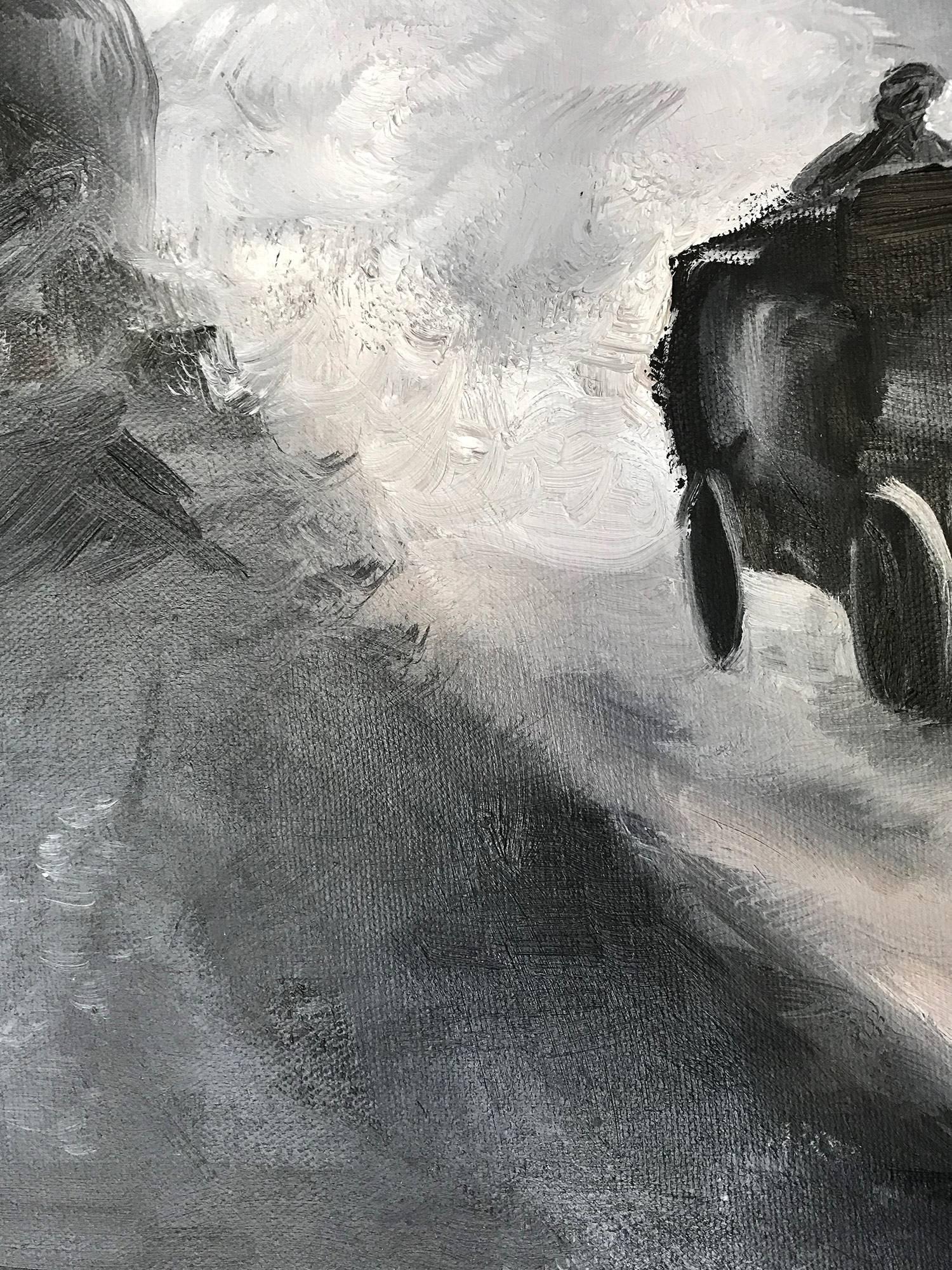 Ride Home Down the Dusty Path - Black Landscape Painting by Cindy Shaoul